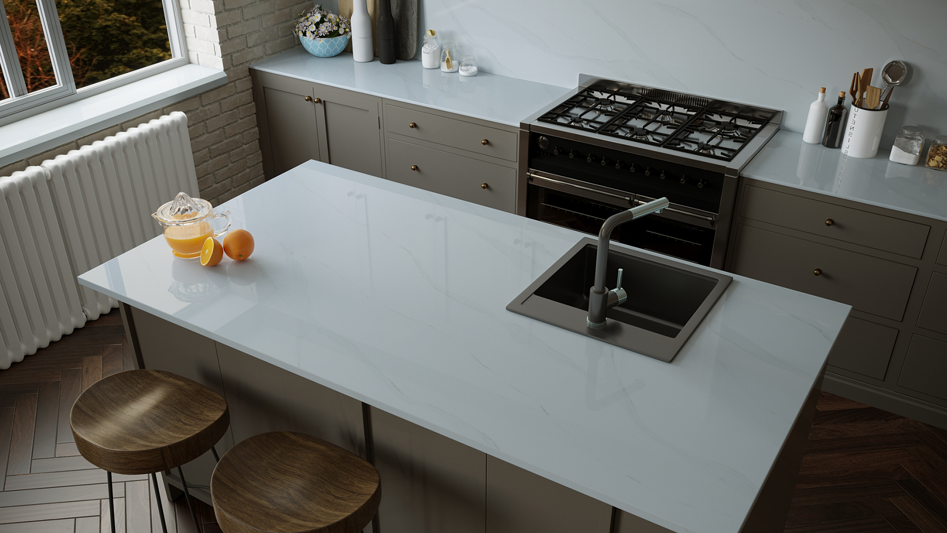 Modern kitchen featuring Vicostone Bettoglio quartz surfaces