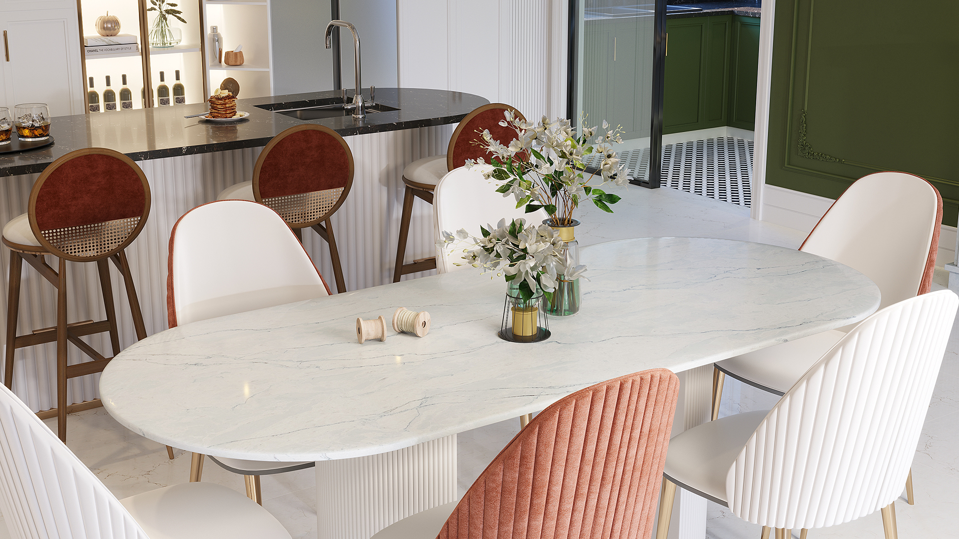Dining room table featuring a Marino quartz top