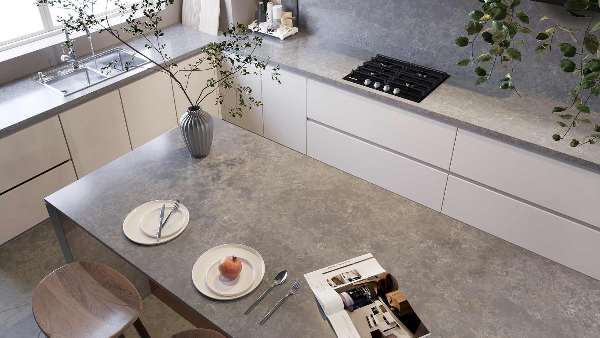 Modern kitchen with Vicostone Tartufo honed quartz countertops