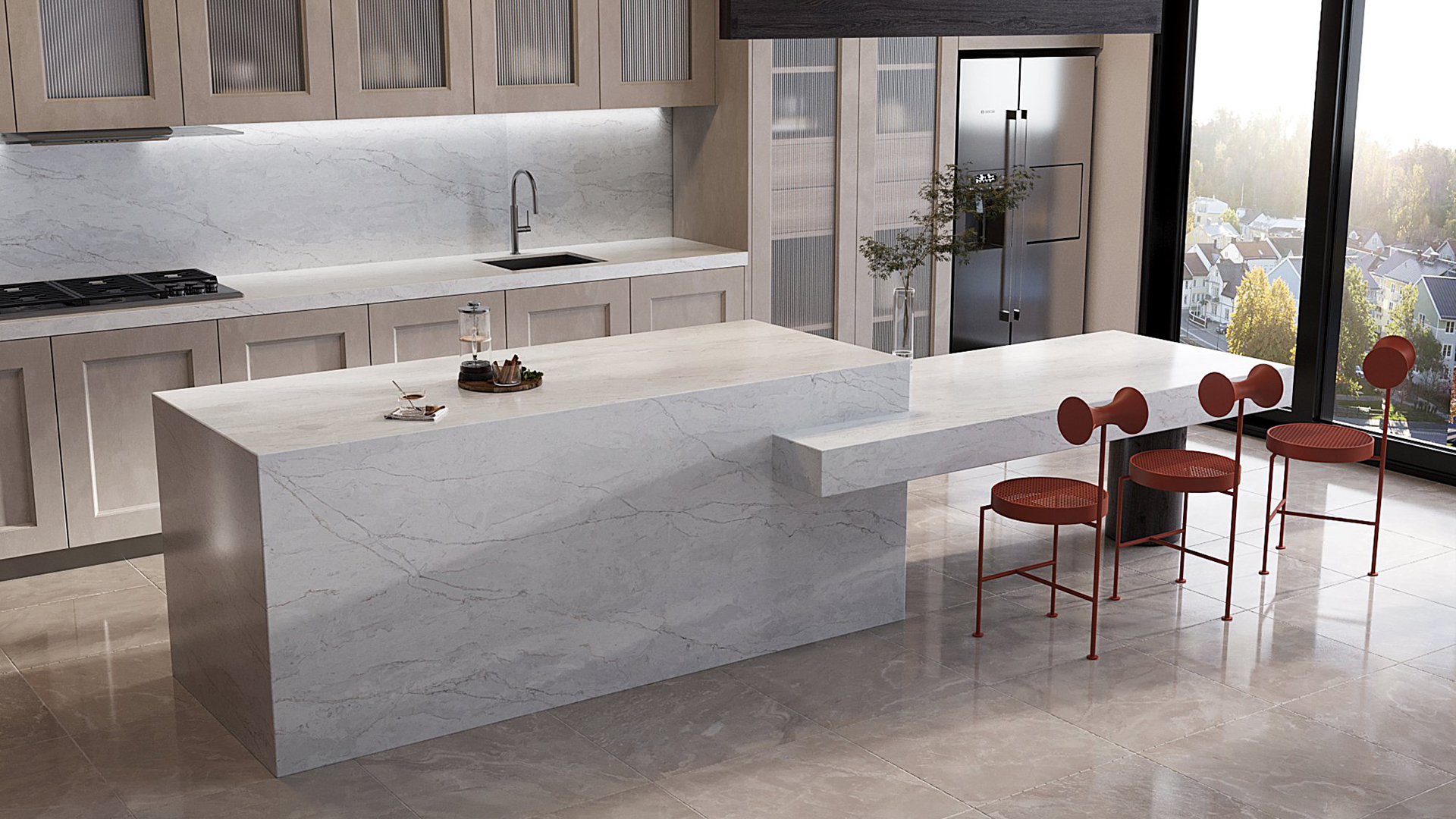 Waterfall kitchen island made with Vicostone Tyrol quartz