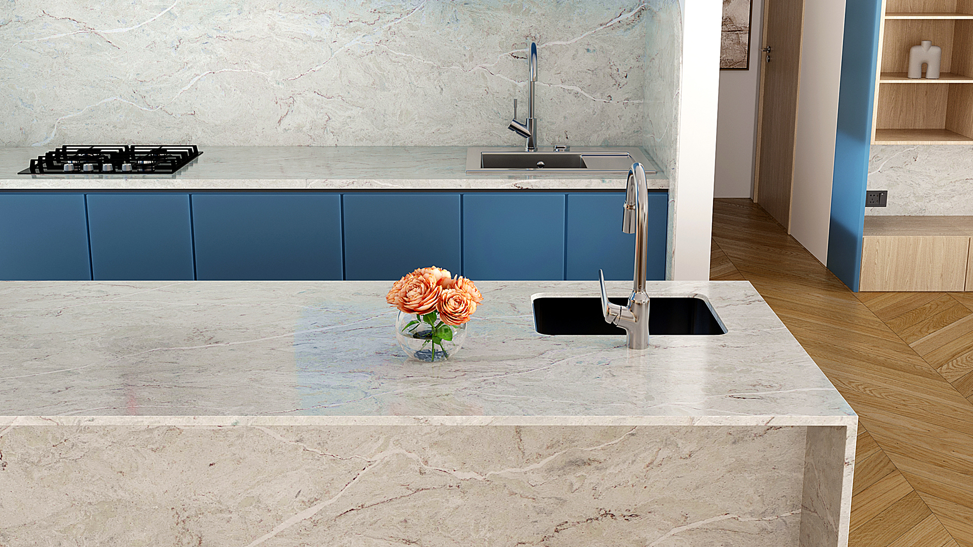 Kitchen countertops made with Vicostone Verdelia quartz